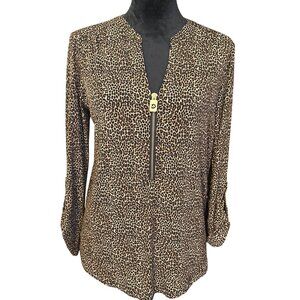 Michael Kors Leopard Print V-Neck Zip-Front Blouse Womens M Long Sleeve Gold Acc